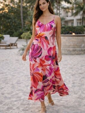 Karen Kane Floral Cupro Slip Dress Pink Purple Midi Resort M